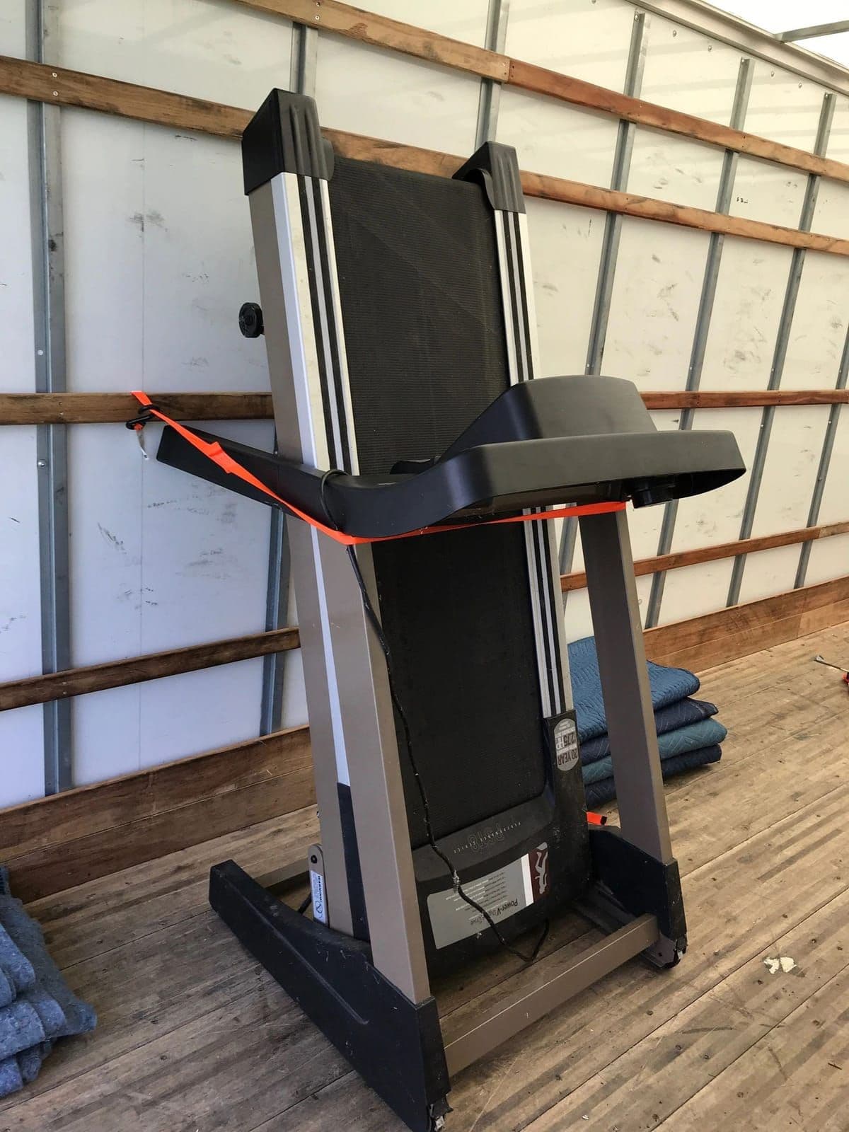 A treadmill prepped for transport
