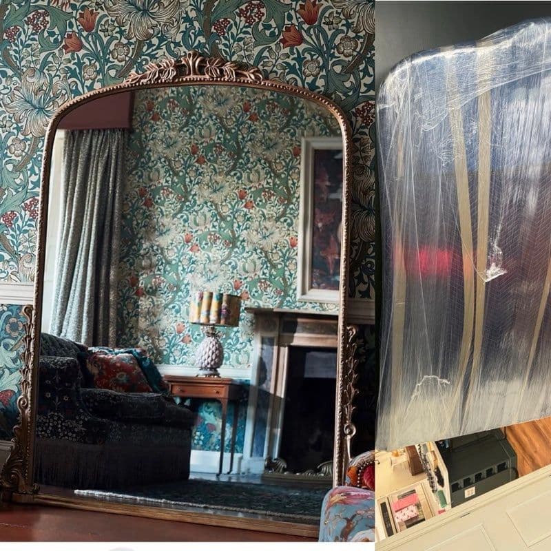 An ornate antique mirror, and the same mirror wrapped and padded for transport